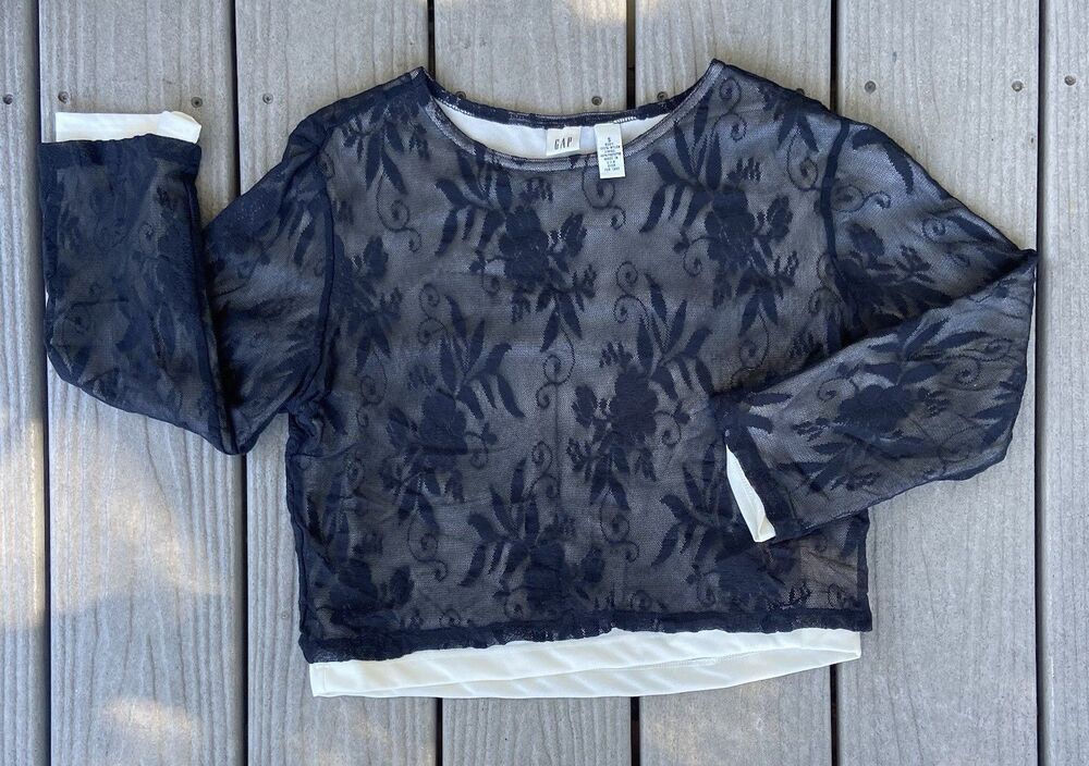 Vintage Y2K Gap Women’s S Black Floral Lace Mesh Cropped Top Long Sleeve
